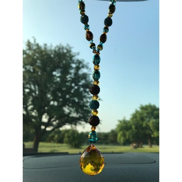 Beaded Suncatcher Car Charm Rearview Mirror Ornament TurquoiseGold Crystal Prism - Picture 1 of 10